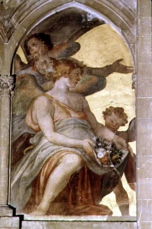 Angeli musicali all'interno di un chiostro trompe l'oeil, particolare di un angelo seduto che regge dei fiori, dalla facciata ovest interna - Duomo di Firenze